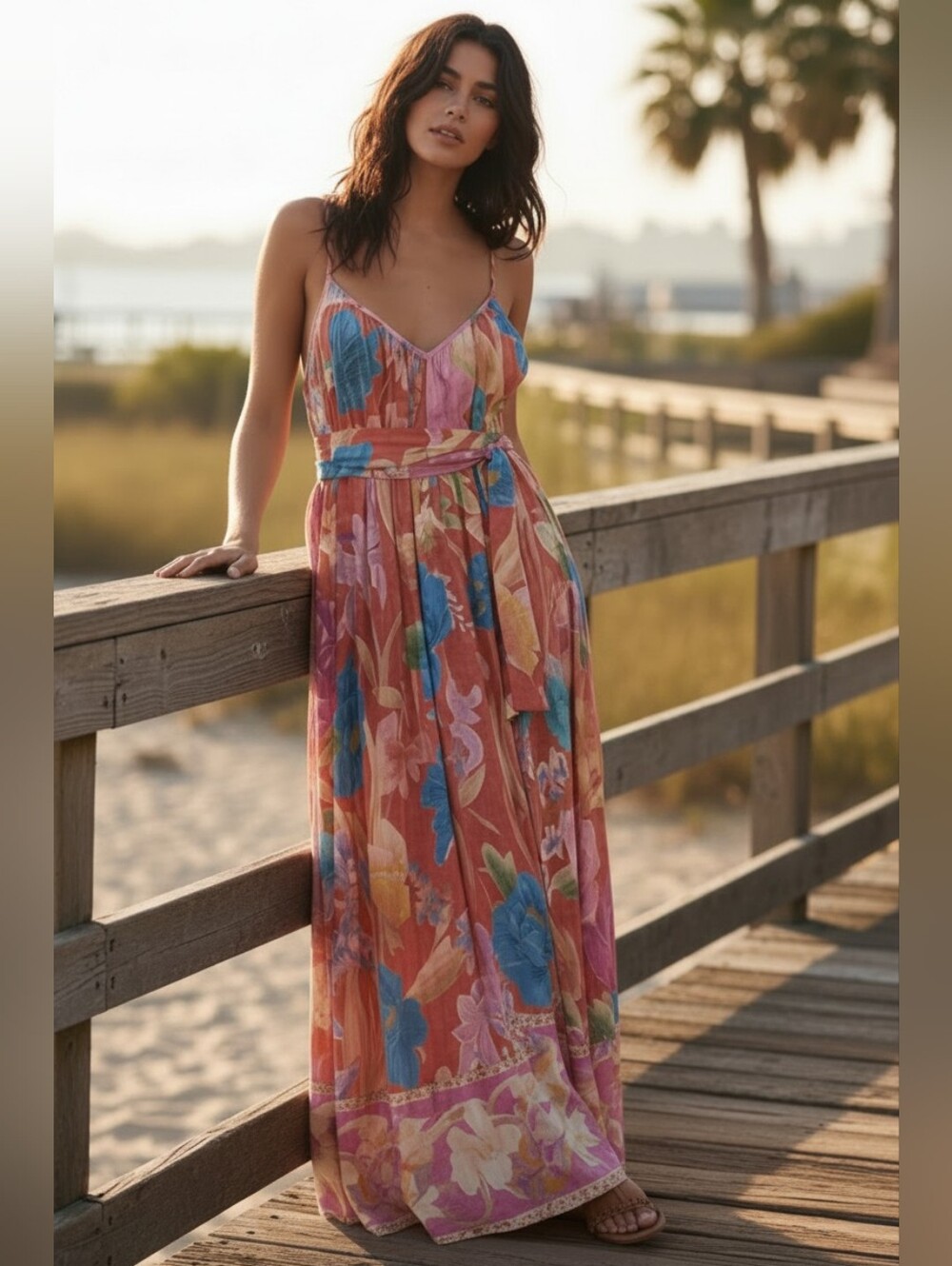 Tie Waist Belted Bright Contrasting Floral V-Neck Open Back Spaghetti Strap Maxi - Picture 5 of 11